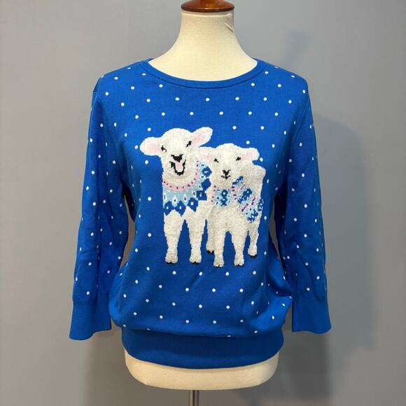 Lands' End Vintage Polka Dot Lamb Holiday Supima Cotton Sweater, Medium Petite - Picture 1 of 6